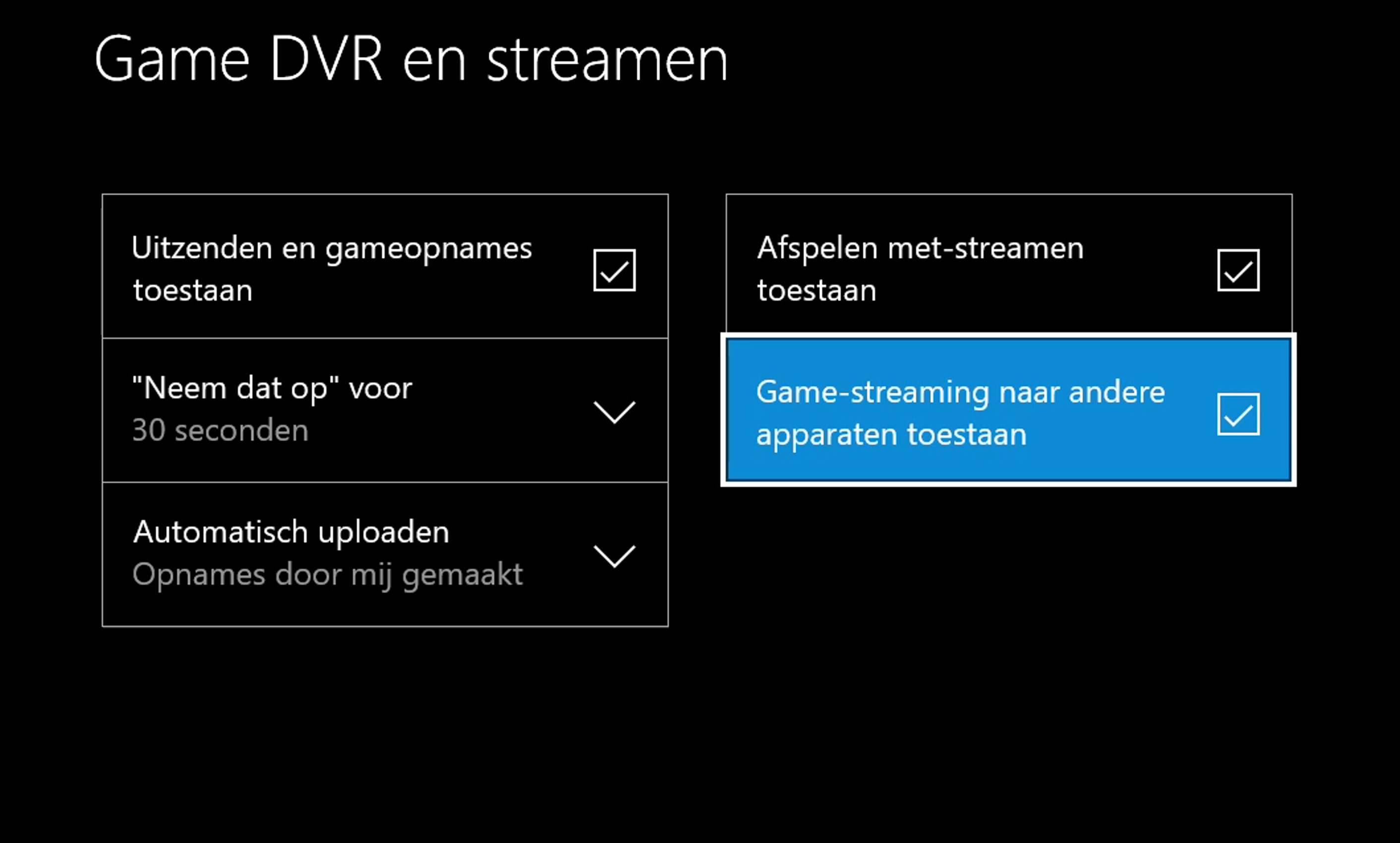 Zorg dat je Xbox One game-streaming en verbindingen van buitenaf toestaat.