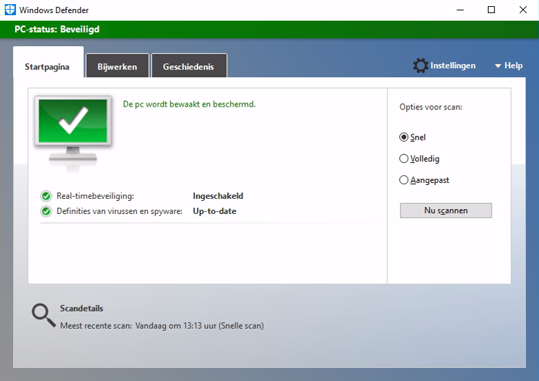 Windows Defender is de standaard antiviru oftware van Windows 10.